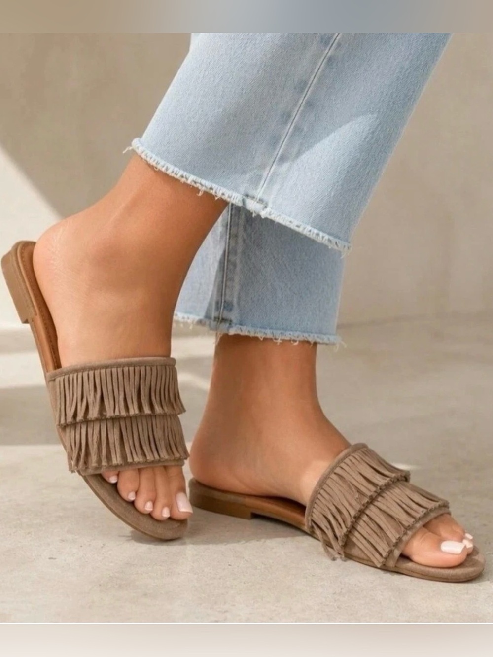 Time and Tru Fringe Microsuede Slides Sandals Taupe Womens New Sz 9